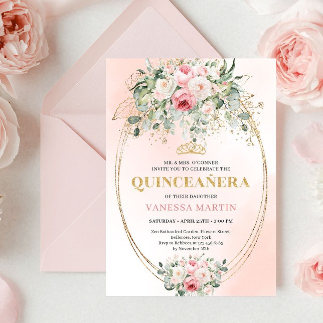 Romantic Pale Pink Rose Gold Quinceañera Card Einladung (Romantic Pale Pink Rose Gold Quinceañera Card

)
