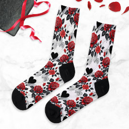 Romantic Patterned Red Roses and Black Hearts Socken