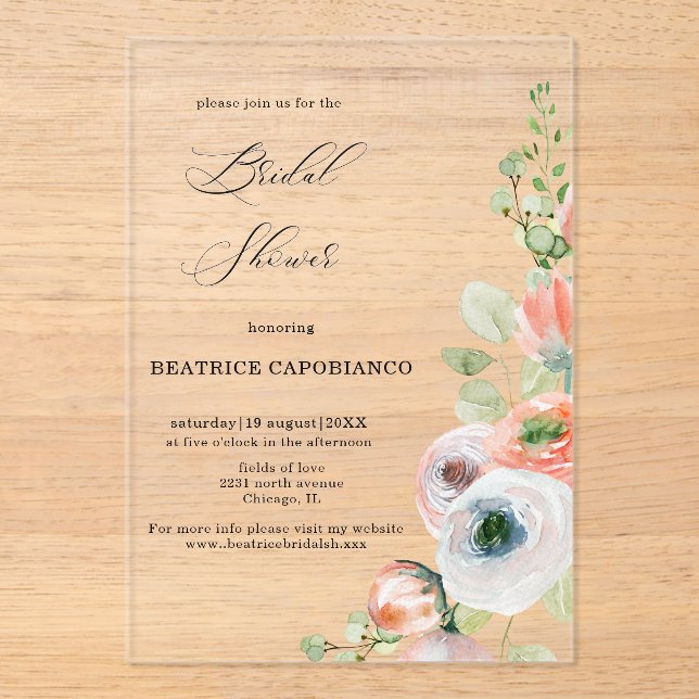 Romantic Peach Coral Floral Bridal Shower  Acryleinladungen (Vorderseite)