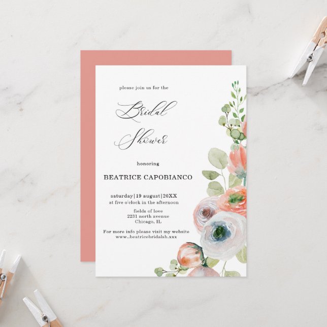 Romantic Peach Coral Floral Bridal Shower Card Einladung (Vorderseite/Rückseite Beispiel)