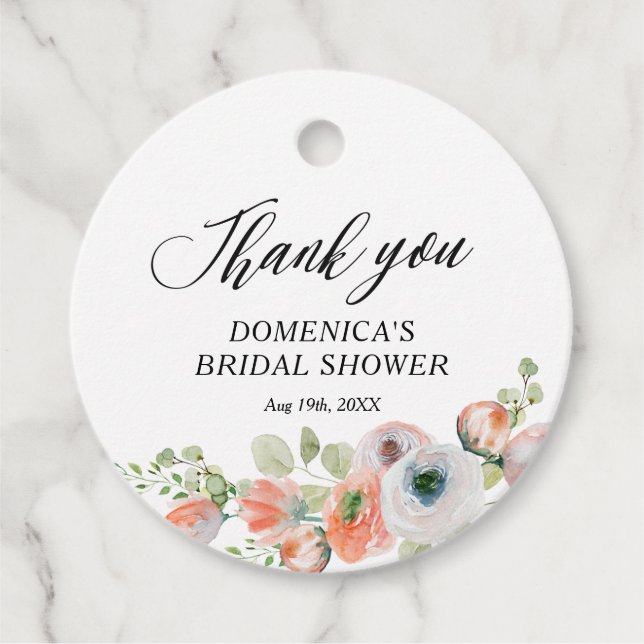 Romantic Peach Floral Bridal Shower Geschenkanhänger (Vorderseite)