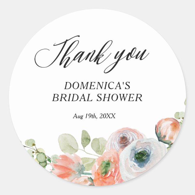 Romantic Peach Floral Bridal Shower Runder Aufkleber (Vorderseite)