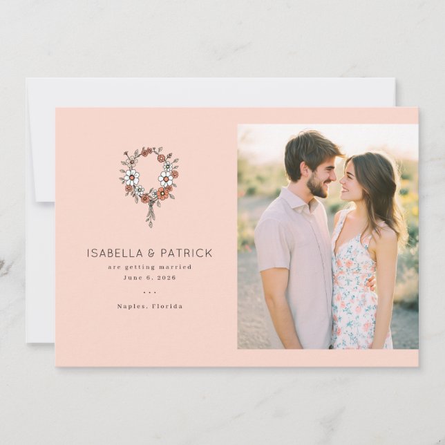 Romantic Peach Floral Wreath Save The Date (Vorderseite)