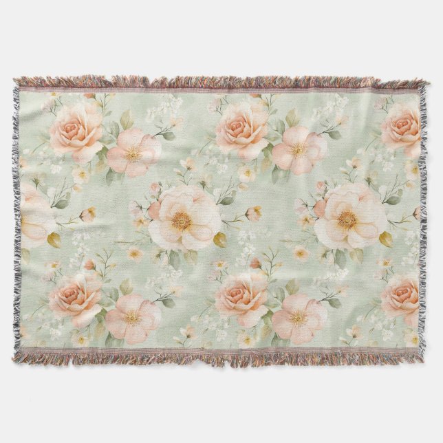 Romantic Peach Mint Pretty Roses Floral Decke (Vorderseite)