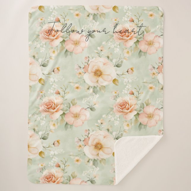 Romantic Peach Mint Pretty Roses Floral Sherpadecke (Vorderseite)