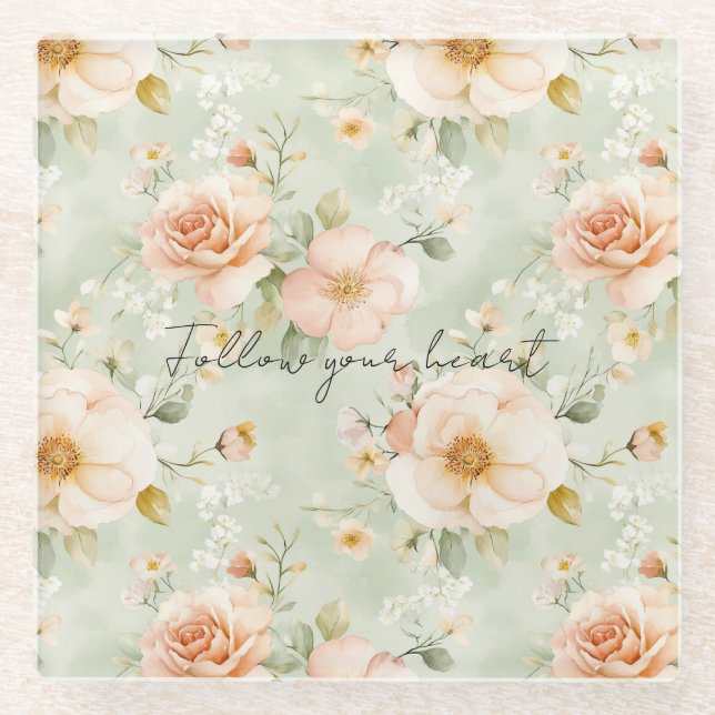Romantic Peach Mint Roses Floral Glasuntersetzer (Vorderseite)
