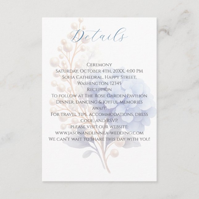 Romantic Pearl Hydrangea Blue Waterercolor Wedding Begleitkarte (Vorderseite)