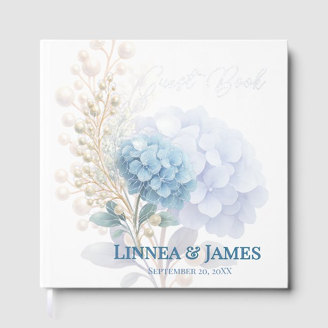 Romantic Pearl Hydrangea Blue Waterercolor Wedding Gästebuch (Vorderseite)