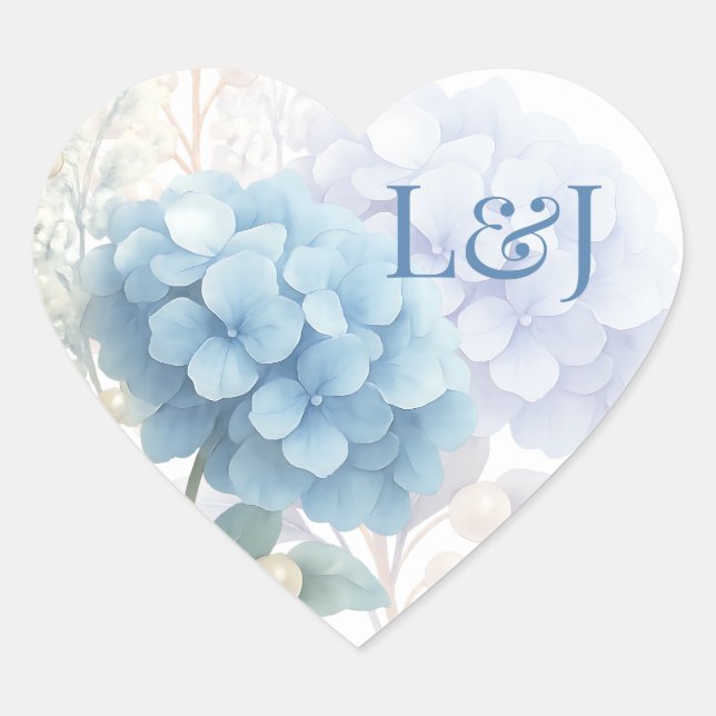 Romantic Pearl Hydrangea Blue Waterercolor Wedding Herz-Aufkleber (Vorderseite)