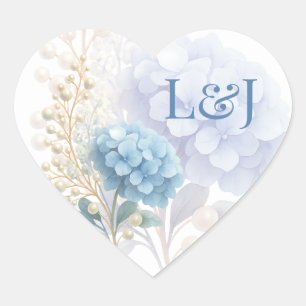 Romantic Pearl Hydrangea Blue Waterercolor Wedding Herz-Aufkleber