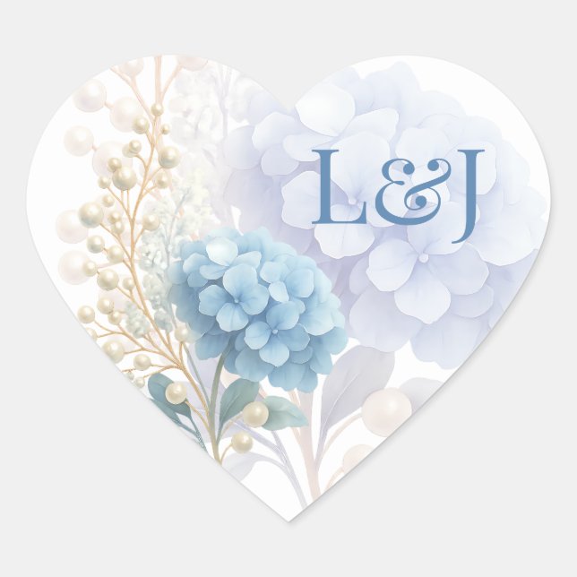 Romantic Pearl Hydrangea Blue Waterercolor Wedding Herz-Aufkleber (Vorderseite)