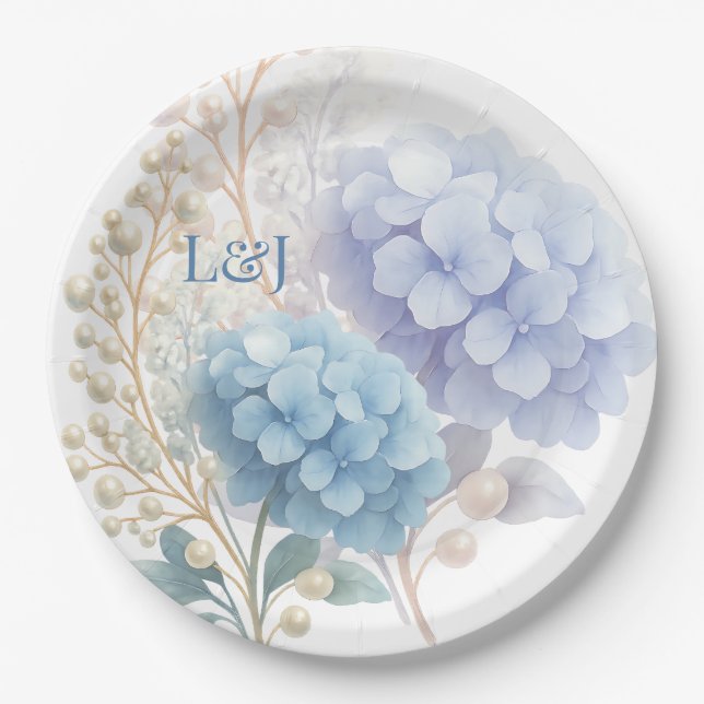 Romantic Pearl Hydrangea Blue Waterercolor Wedding Pappteller (Vorderseite)