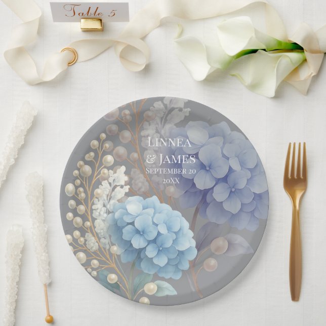 Romantic Pearl Hydrangea Blue Waterercolor Wedding Pappteller (Hochzeit)