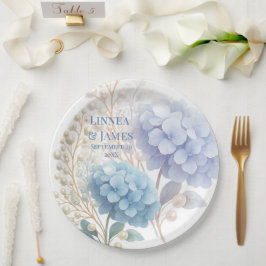 Romantic Pearl Hydrangea Blue Waterercolor Wedding Pappteller