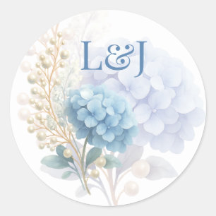 Romantic Pearl Hydrangea Blue Waterercolor Wedding Runder Aufkleber