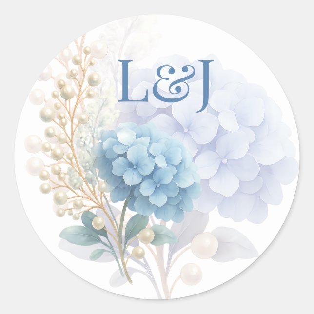 Romantic Pearl Hydrangea Blue Waterercolor Wedding Runder Aufkleber (Vorderseite)