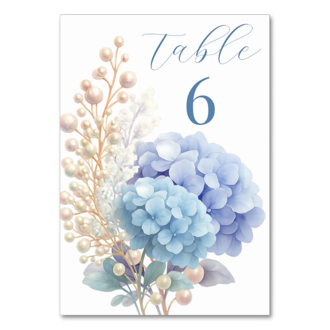 Romantic Pearl Hydrangea Blue Waterercolor Wedding Tischnummer (Vorderseite)