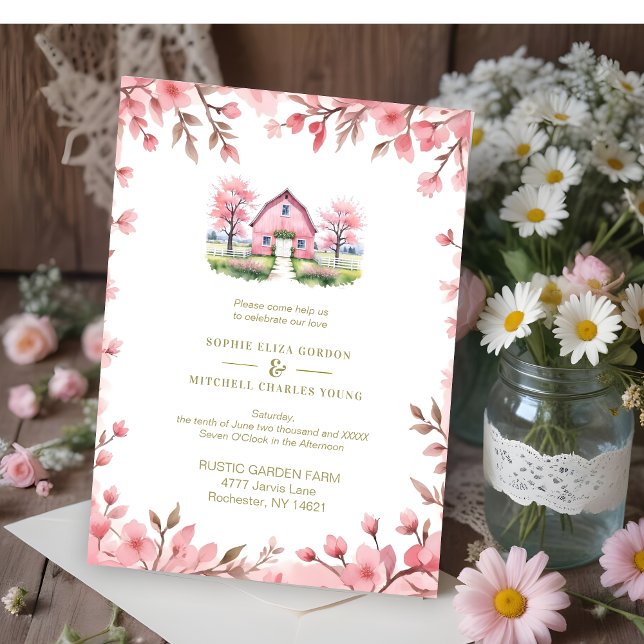 Romantic Pink Barn Rustic Landscape Floral Frame Einladung (Romantic Pink Barn in Rustic Landscape and Cute Floral Frame Wedding Invitations Cards. )