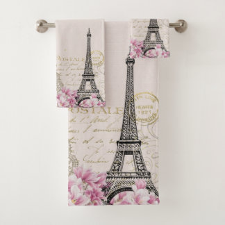 Romantic Pink Blossoms Paris Eiffel Tower Badhandtuch Set