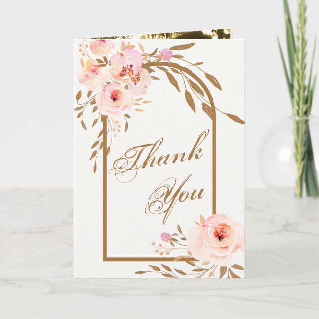 Romantic Pink Blush Gold Floral Wedding Photo Dankeskarte (Vorderseite)
