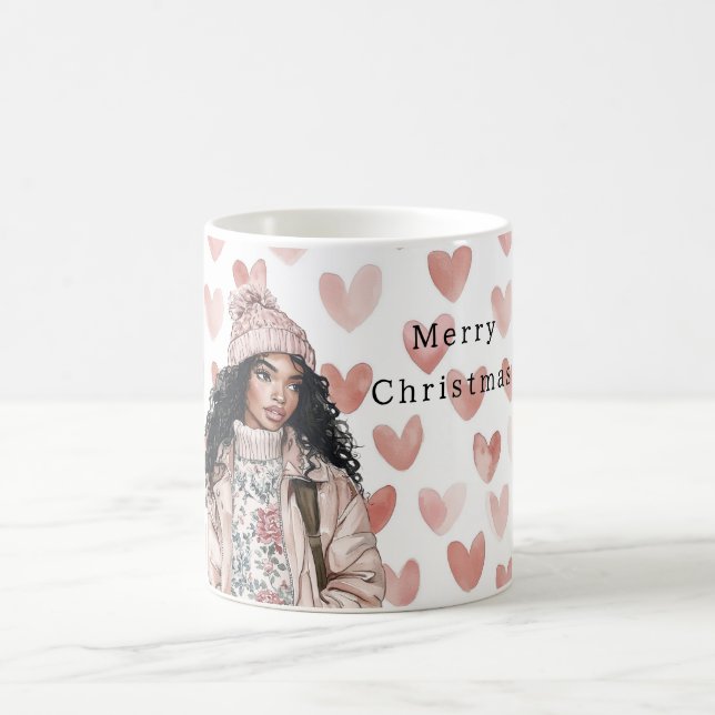 Romantic Pink Christmas Hearts Black Girl Kaffeetasse (Mittel)