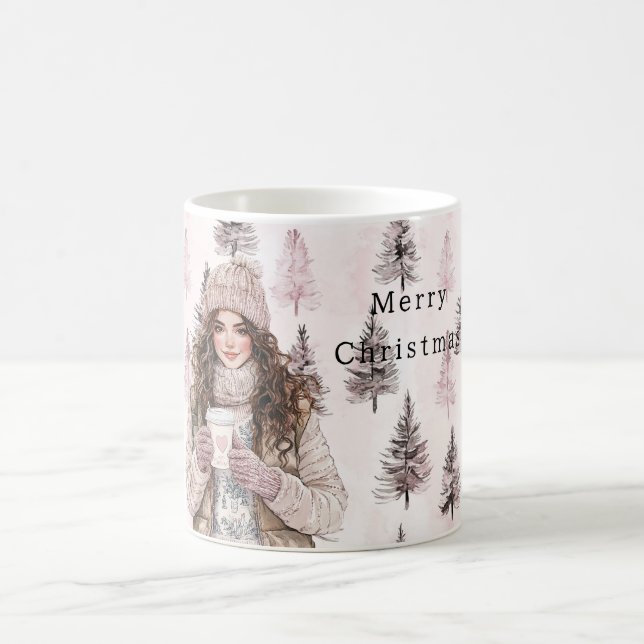 Romantic Pink Christmas Trees Girl Kaffeetasse (Mittel)