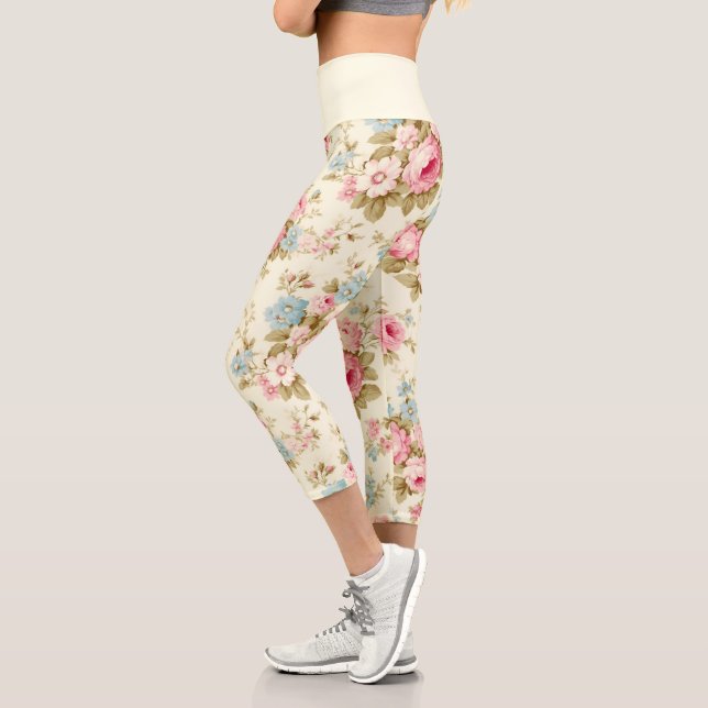 Romantic Pink English Roses on Pale Yellow Capri Leggings (Links)