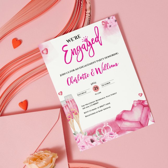 Romantic Pink Floral Engagement Party Engaged Einladung (romantic engagement party invitations we're engaged modern elegant floral engaged couple watercolor )