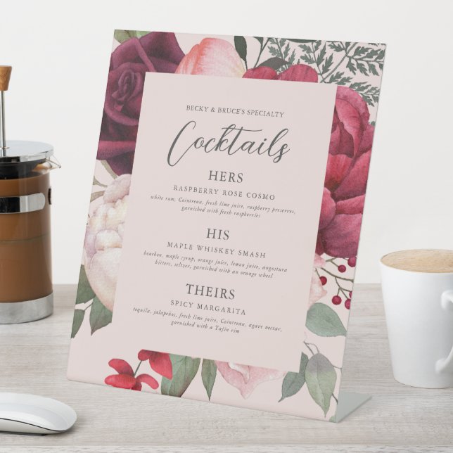 Romantic Pink Florals Bridal Bouquet Bar Menu Sockelschild (In Situ)