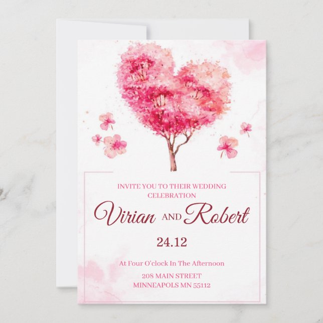 Romantic Pink Heart Tree Watercolor Wedding Invita Einladung (Vorderseite)