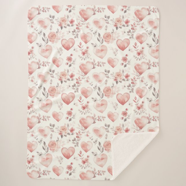 Romantic Pink Hearts Roses Floral Sherpadecke (Vorderseite)