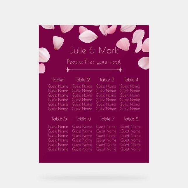 Romantic Pink Petals Wedding Seating Chart Acrylschild (Vorderseite)
