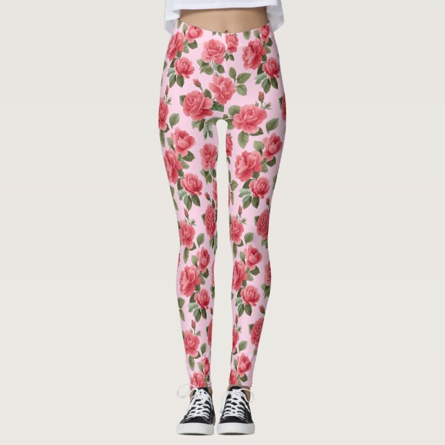 Romantic Pink Roses Botanical Pattern Leggings (Vorderseite)