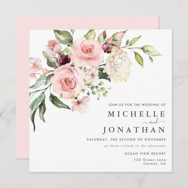 Romantic Pink Roses Dusty Rose Wedding  Invitation Einladung (Vorne/Hinten)