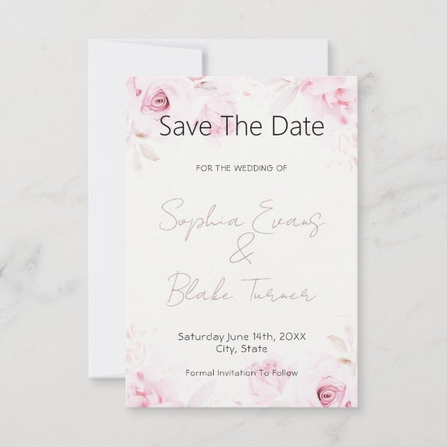 Romantic Pink Roses Elegant and Pretty Save The Date (Vorderseite)