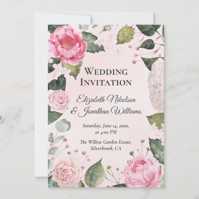 Romantic Pink Roses Wedding Invitation Einladung (Vorderseite)