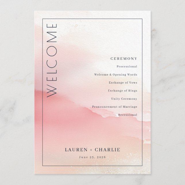 Romantic Pink Watercolor Ceremony Schedule Programm (Vorderseite)