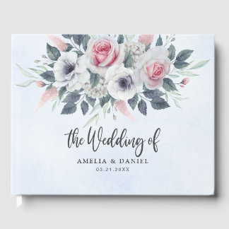 Romantic Pink Watercolor Floral Wedding Blue Gästebuch