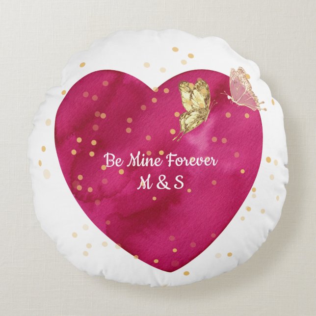Romantic Pink Watercolor Heart & Gold Butterfly  Rundes Kissen (Vorderseite)