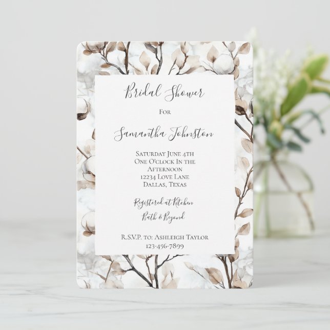 Romantic Pretty White Flowering Tree Bridal Shower Einladung (Stehend Vorderseite)