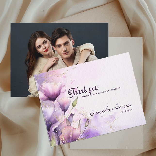 Romantic Purple Floral Photo Wedding Thank You Postkarte (Romantic Purple Floral Photo Wedding Thank You Postcard)