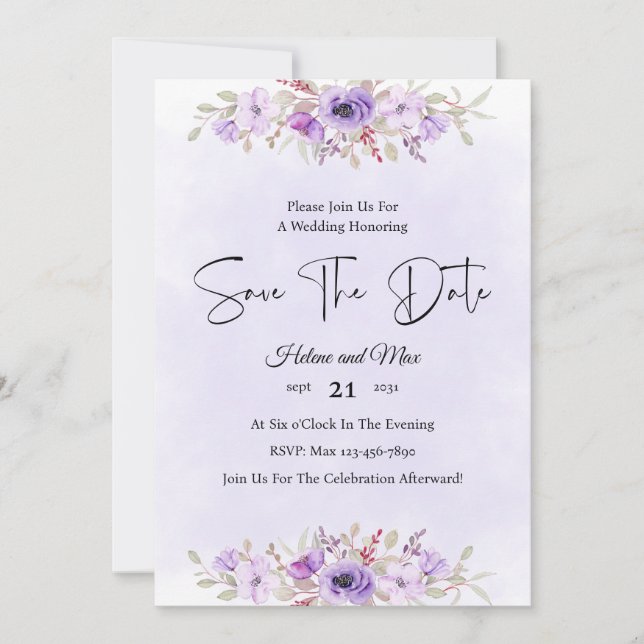 Romantic Purple Floral Wedding Save the Date Einladung (Vorderseite)