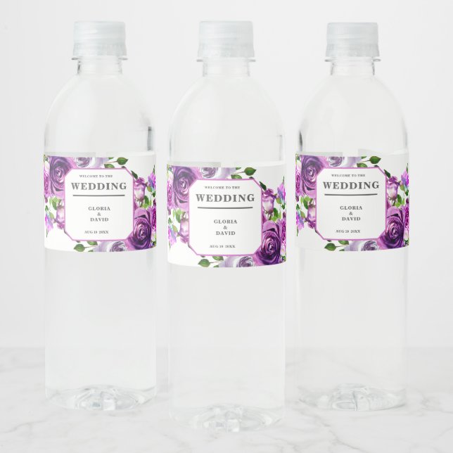 Romantic Purple Floral Wedding Wine Label Wasserflaschenetikett (Flaschen)