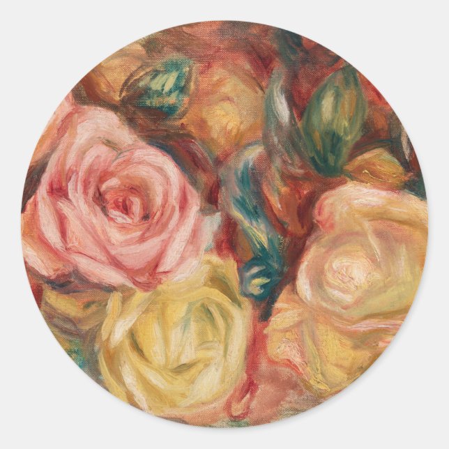 Romantic red and pink roses Pierre Auguste Renoir Runder Aufkleber (Vorderseite)