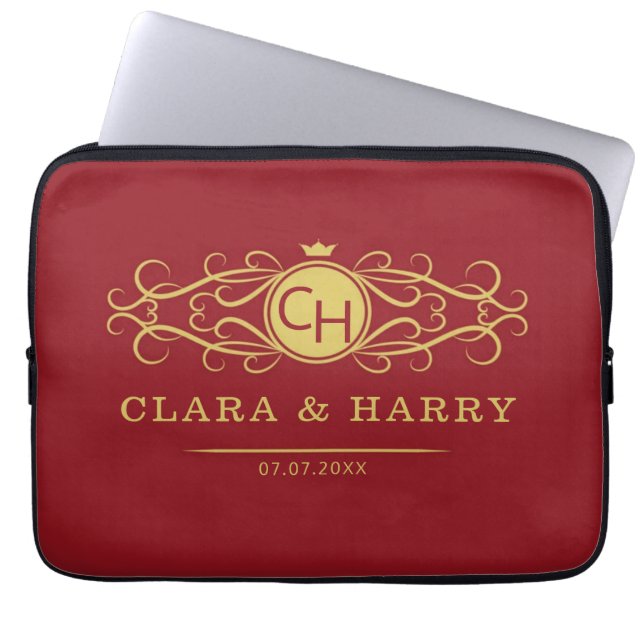 Romantic red gold elegant monogramme wedding  laptopschutzhülle (Vorderseite)