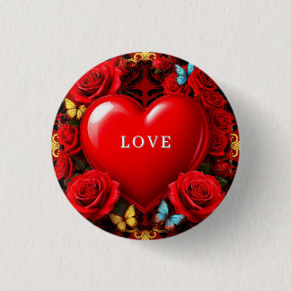 Romantic Red Heart Framed by Roses and Butterflies Button