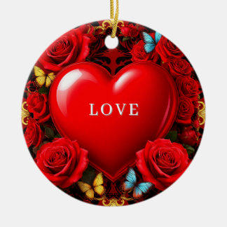 Romantic Red Heart Framed by Roses and Butterflies Keramik Ornament
