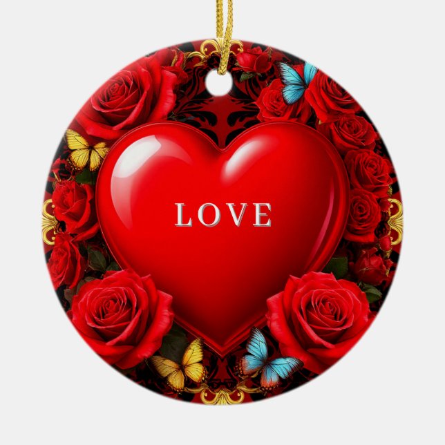 Romantic Red Heart Framed by Roses and Butterflies Keramik Ornament (Vorne)