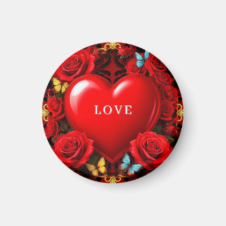 Romantic Red Heart Framed by Roses and Butterflies Magnet