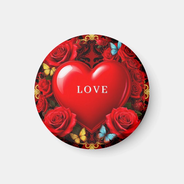 Romantic Red Heart Framed by Roses and Butterflies Magnet (Vorne)